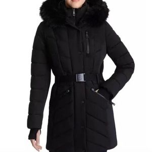 NWT MICHAEL KORS BELTED FAUX FUR TRIM HOODED PUFFER COAT BLACK MEDIUM